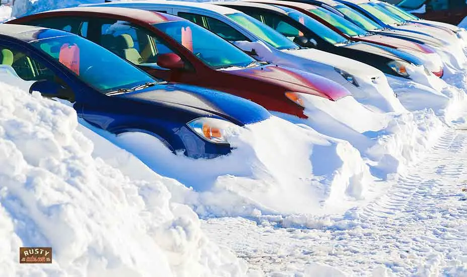 Car sales lot in winter